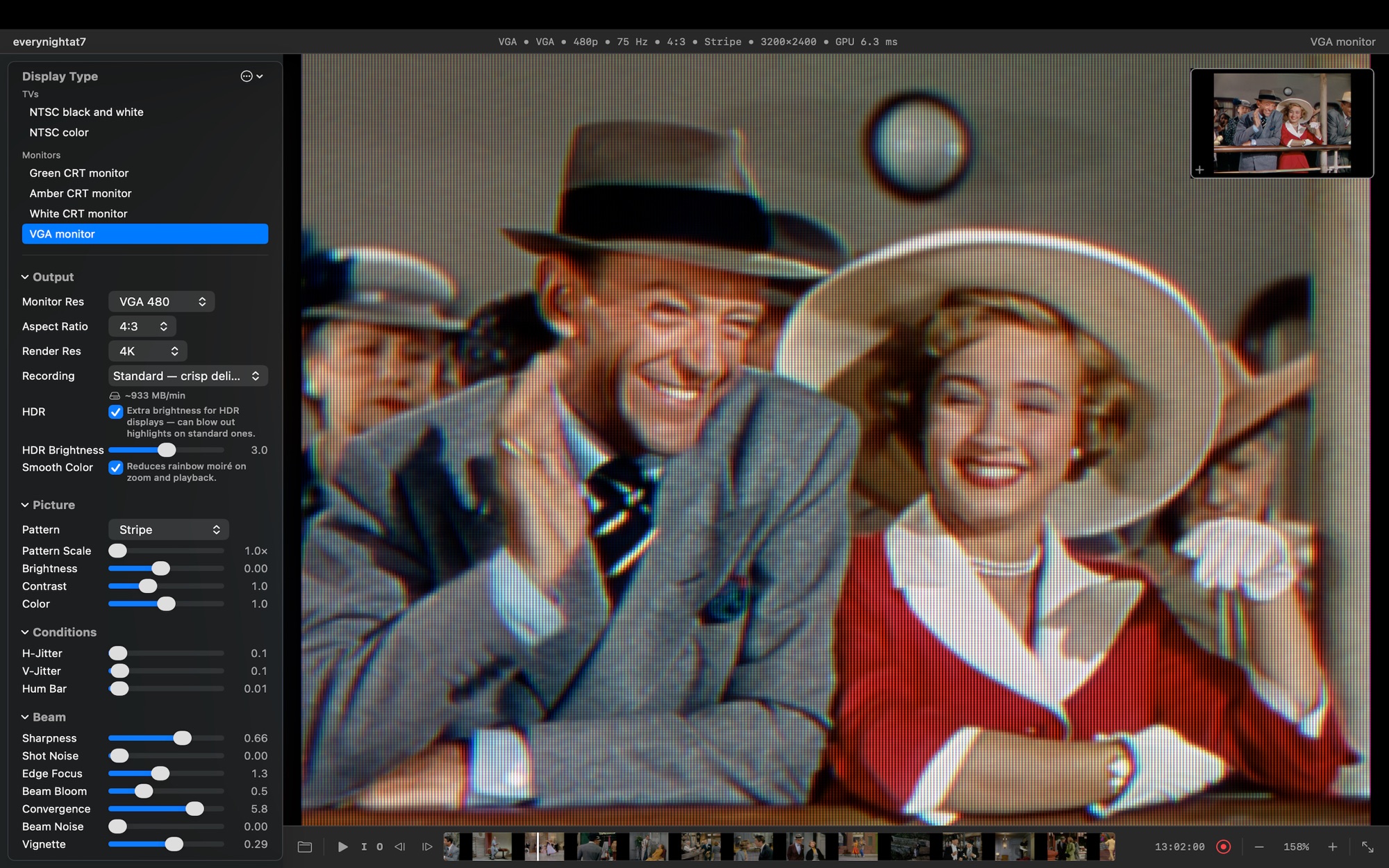 The Phosphors CRT app window: display-type list and settings panel on the left, a 4:3 CRT picture on a VGA monitor preset filling the rest, with a filmstrip transport bar along the bottom.